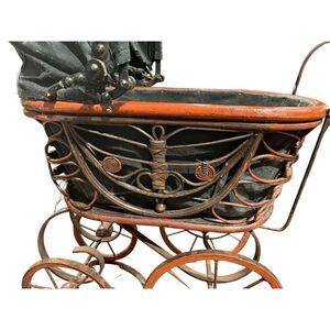 Antique Victorian Rattan Metal 4 Wheel Baby Doll Stroller Buggy, Antique Baby Do